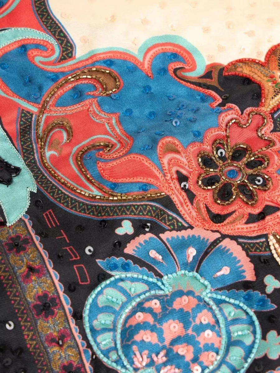 Etro Silk Printed Embellished Triangular Scarf