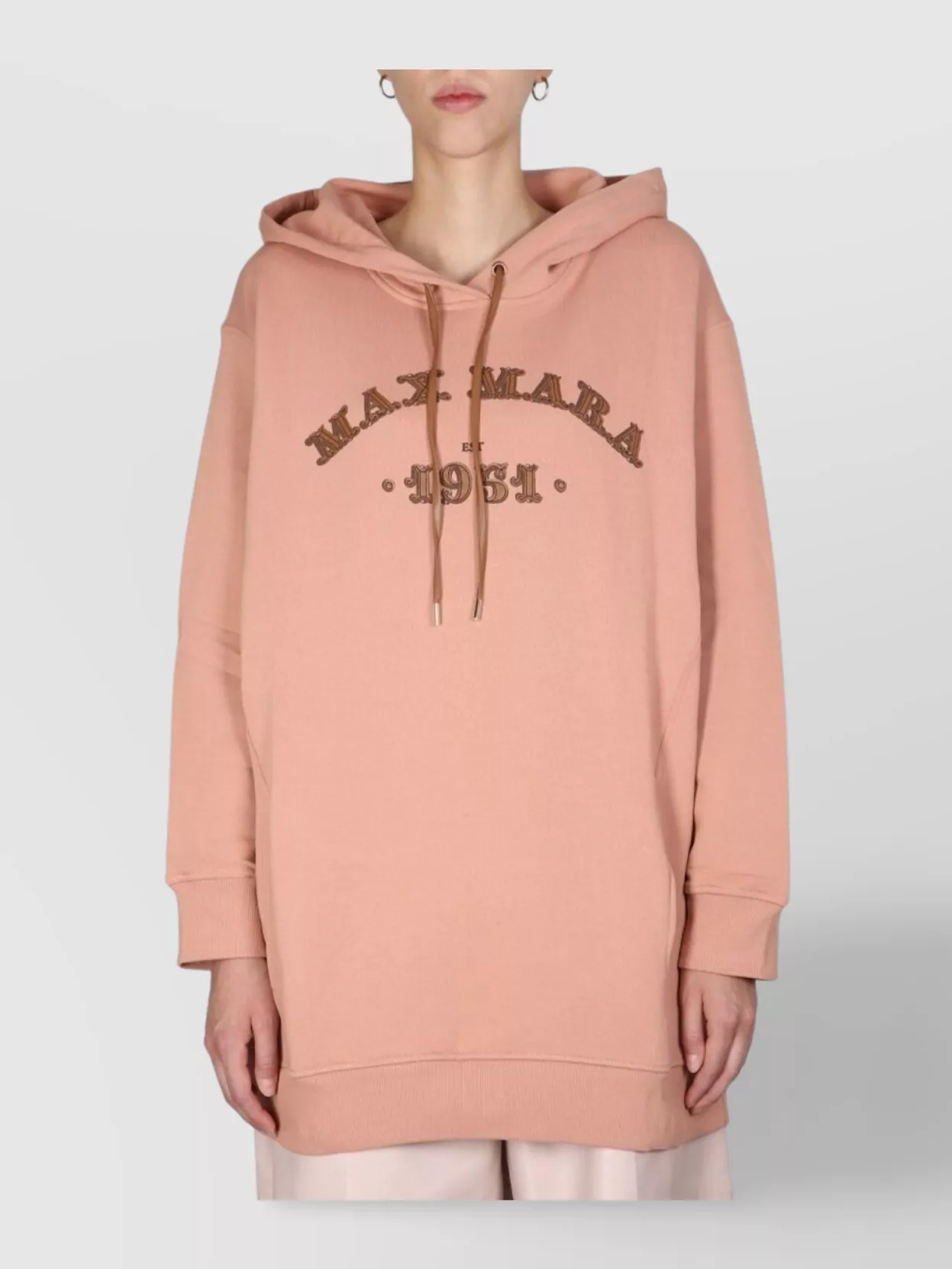 Max Mara Longline Hoodie With Drawstring And Ribbed Cuffs In Brown