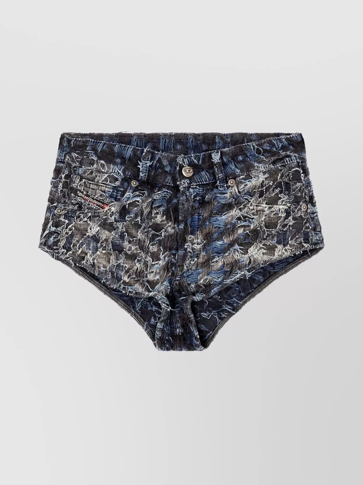 Diesel High-waisted Distressed Denim Shorts Houndstooth In Multi