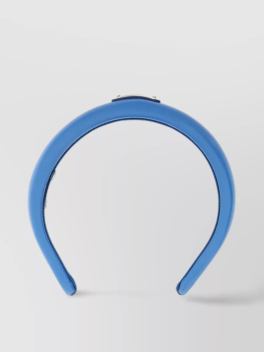 Shop Prada Leather Hairband With Metal Logo And Ribbon Detail In Blue