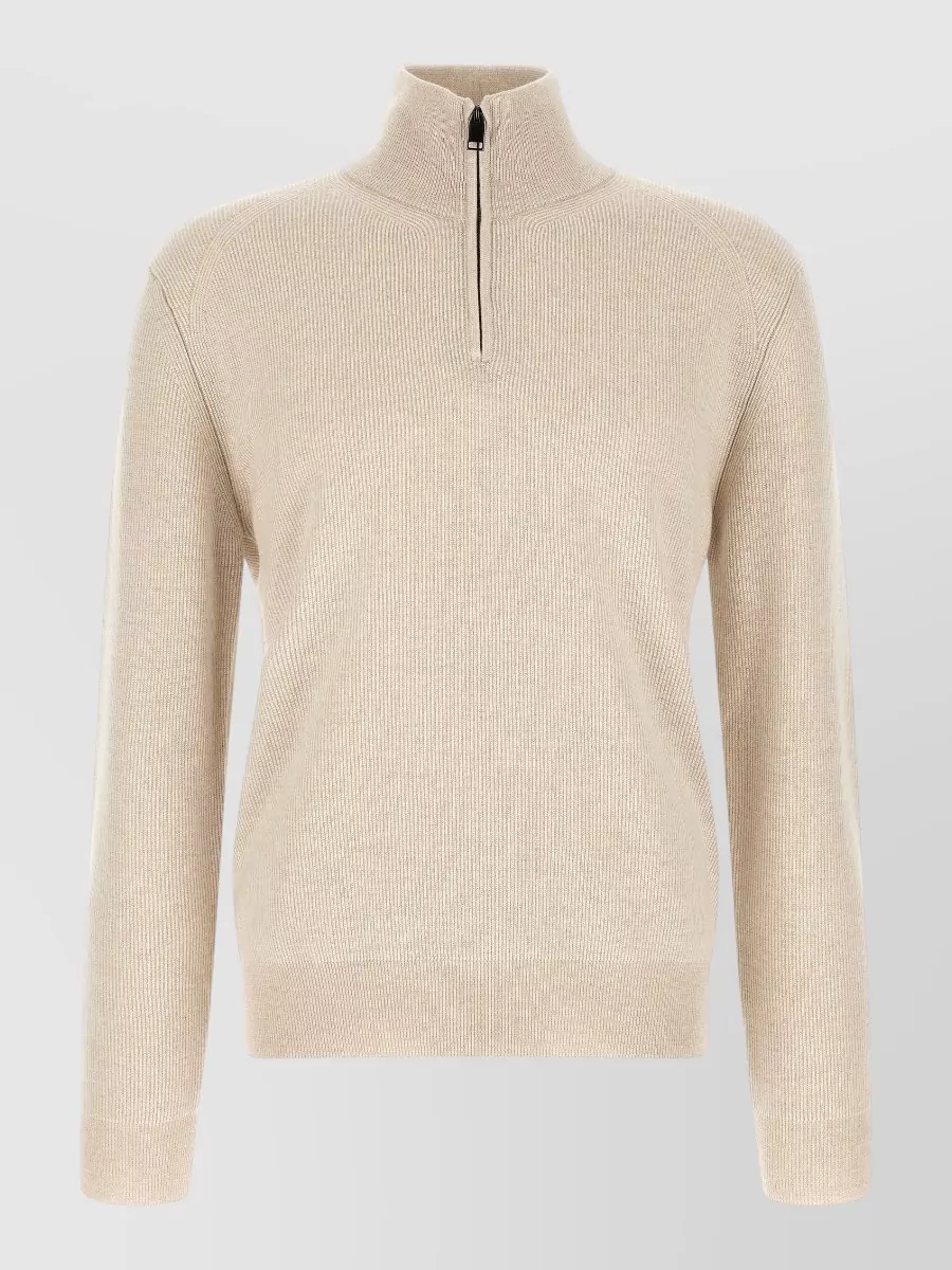 Brioni cashmere wool ribbed high neck half zip sweater