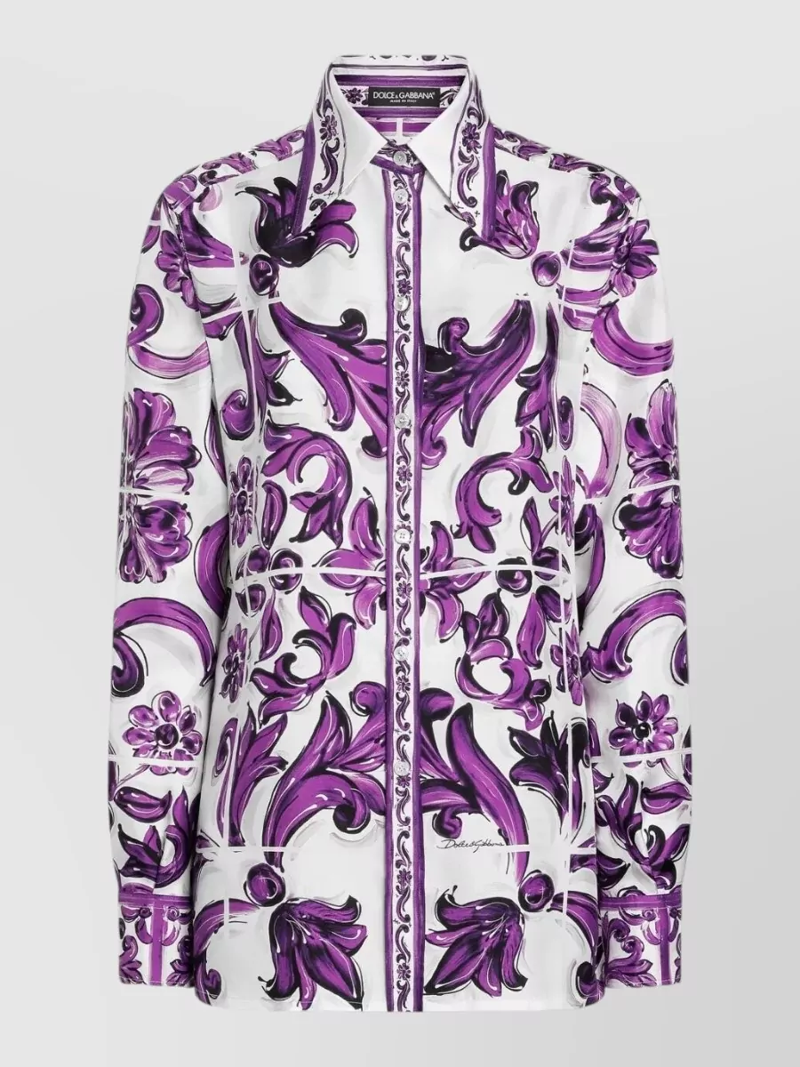 Dolce & Gabbana Silk Shirt Maiolica Print Floral Pattern In Purple