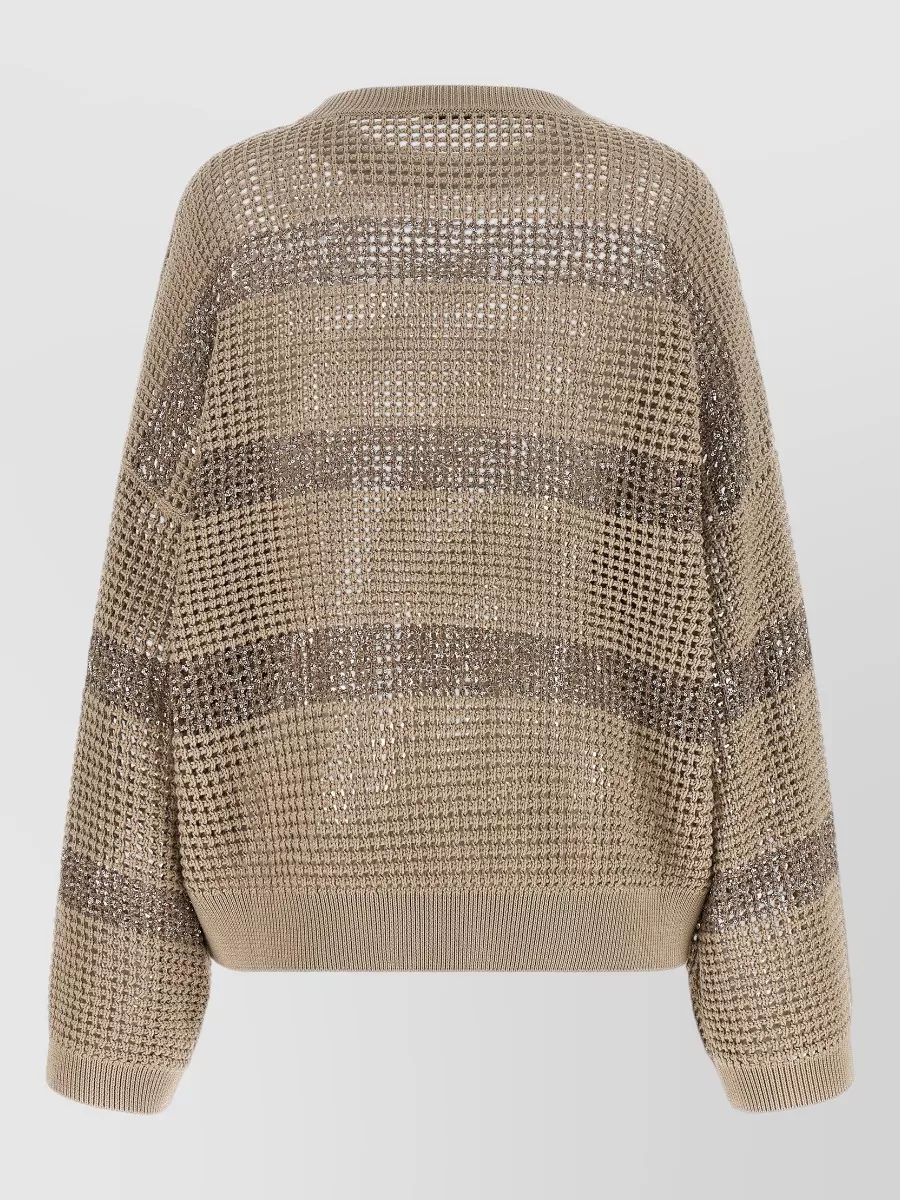 Brunello Cucinelli Cotton Mesh Sequin-Embellished Crew-Neck 3/4-Sleeve Sweater