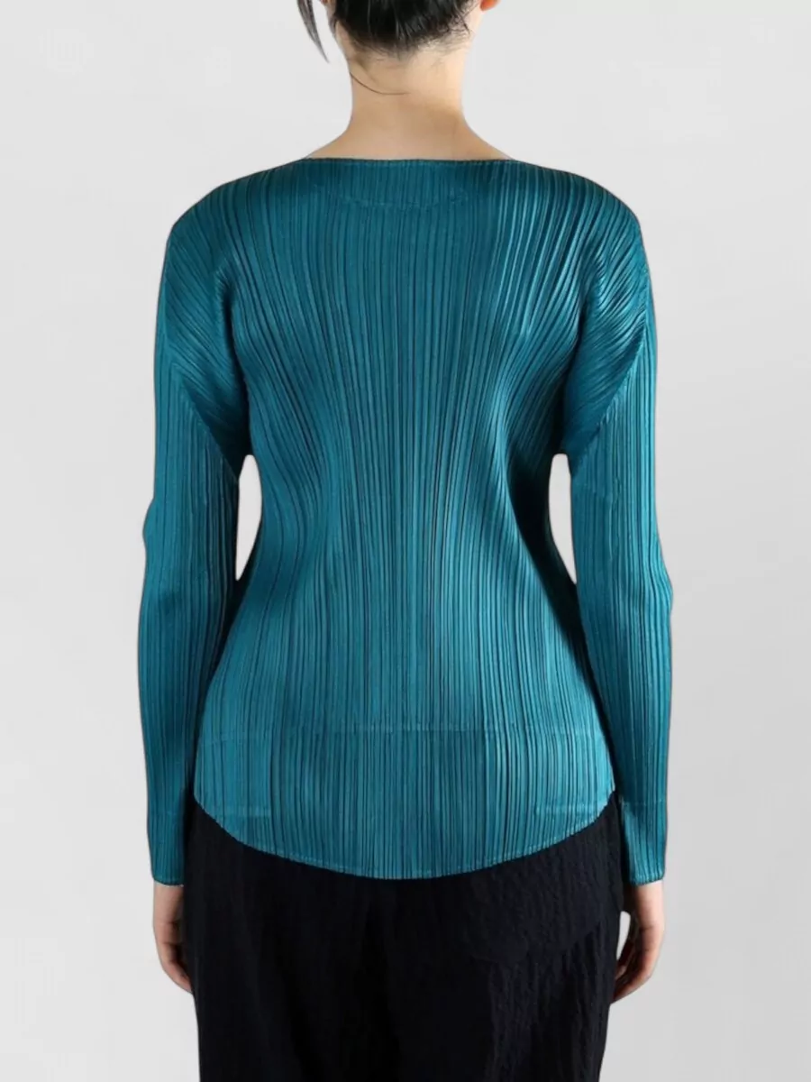 Pleats Please Issey Miyake Long Sleeve Asymmetric Hem Round Neck Top