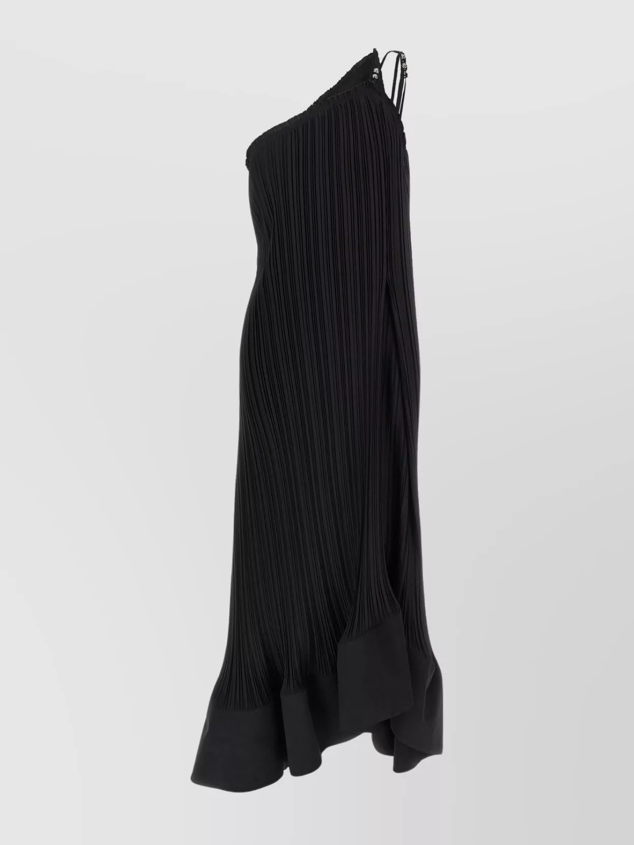 Lanvin Pleated Dress With Asymmetric Neckline And Ruffled Hem In Black