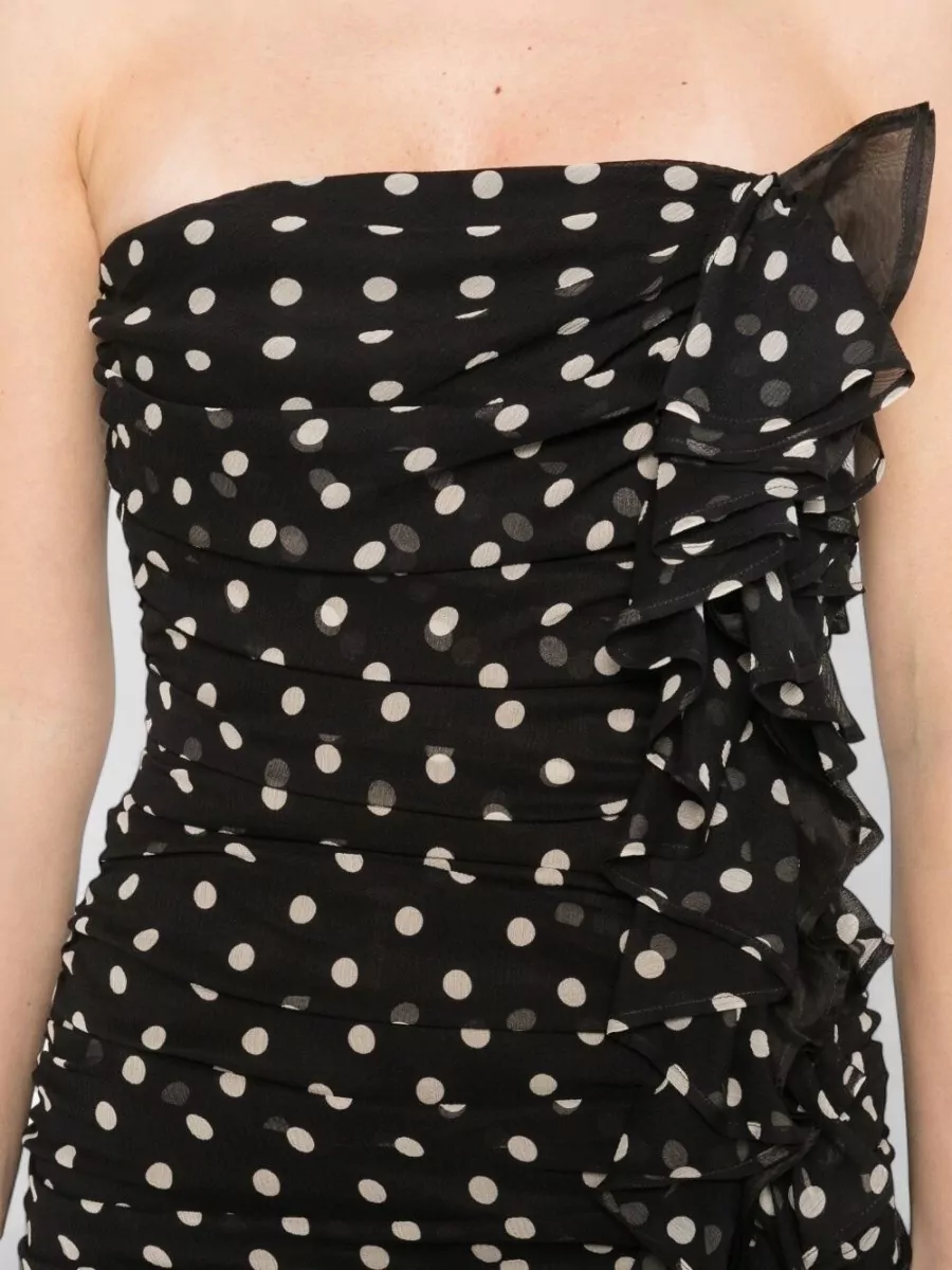 Nina Ricci Strapless Dress Ruched Ruffle Polka Dots Mini
