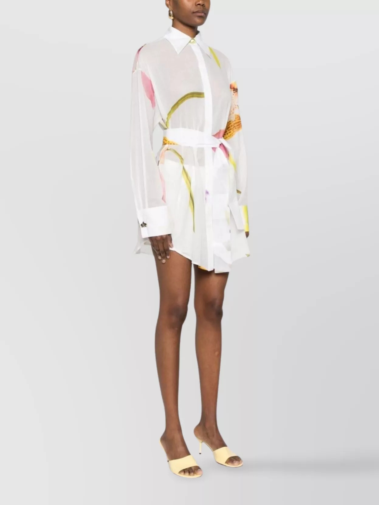 Genny Floral Print Sheer Cotton Shirt With Belted Waist In White