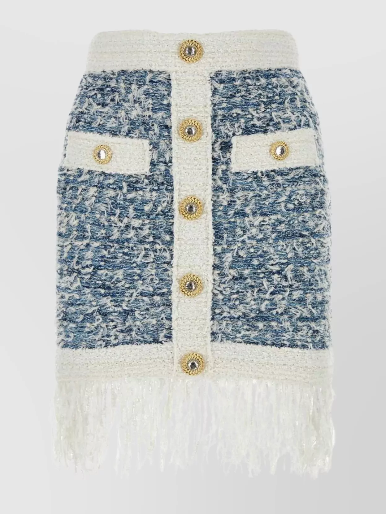 Shop Balmain Tweed Skirt With Fringe Hem And Buttoned Pockets