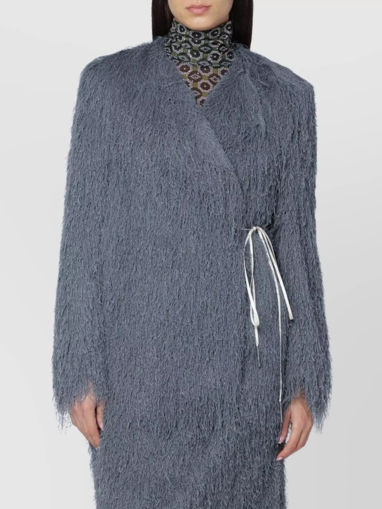 Dries Van Noten Fringed Jacket With Belted Waist And Long Sleeves In Gray