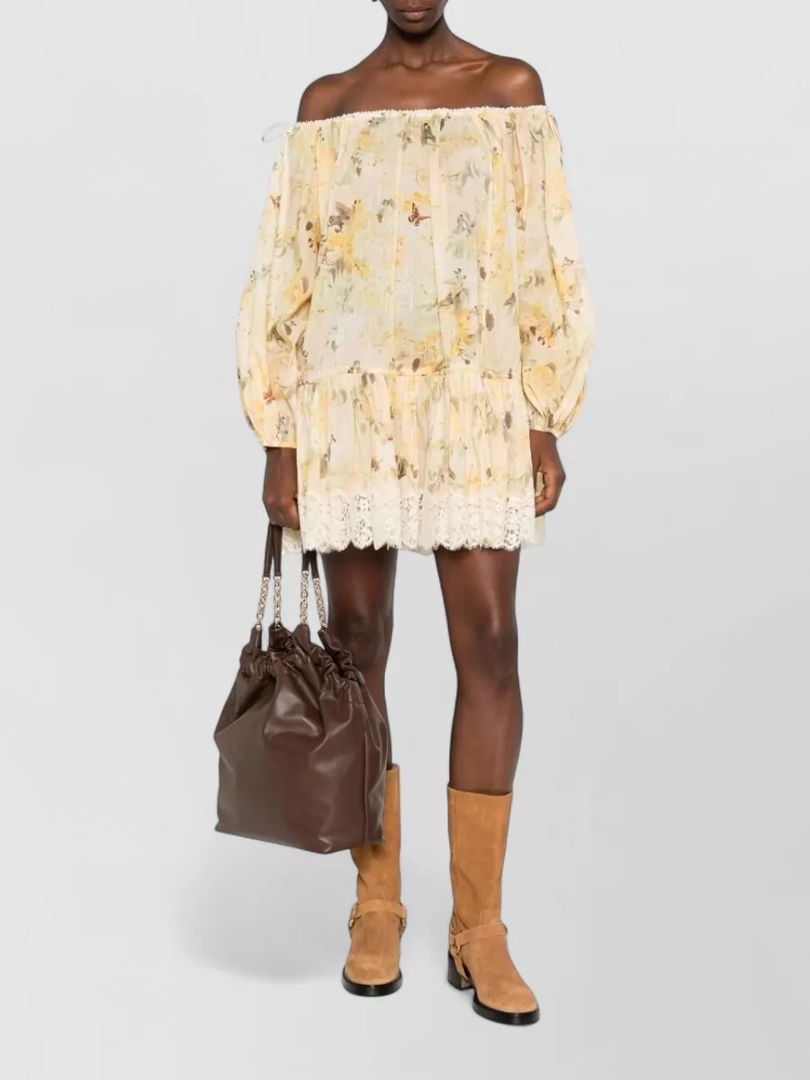 Zimmermann Cotton Floral-Print Off-Shoulder Long-Sleeve Tiered Mini Dress