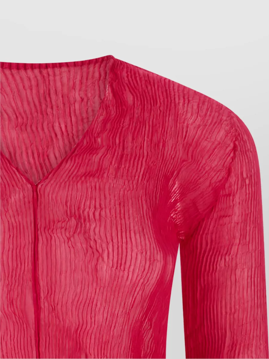 Issey Miyake Chiffon Pleated V-Neck Long-Sleeve Blouse