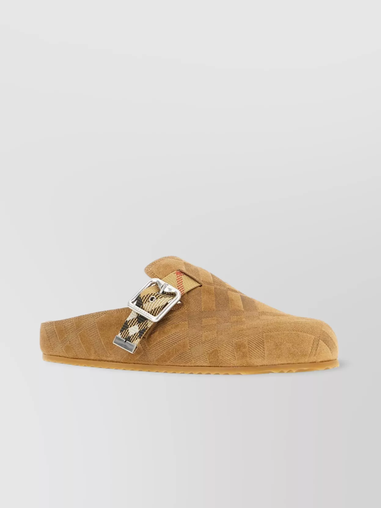 Burberry Suede Slippers With Buckle Detail And Textured Finish