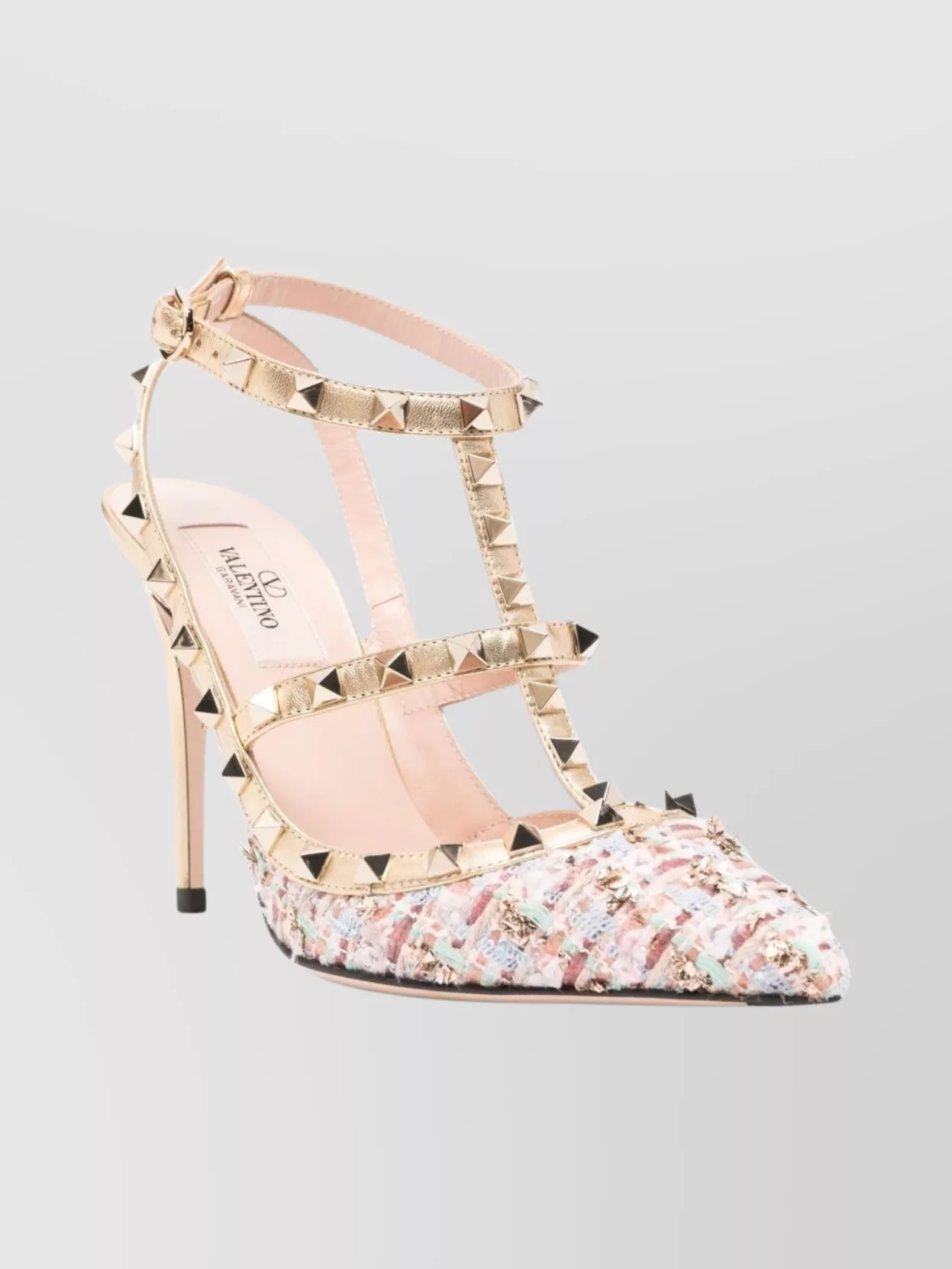 Valentino Rockstud Caged 100 Tweed & Leather Pump In Multi