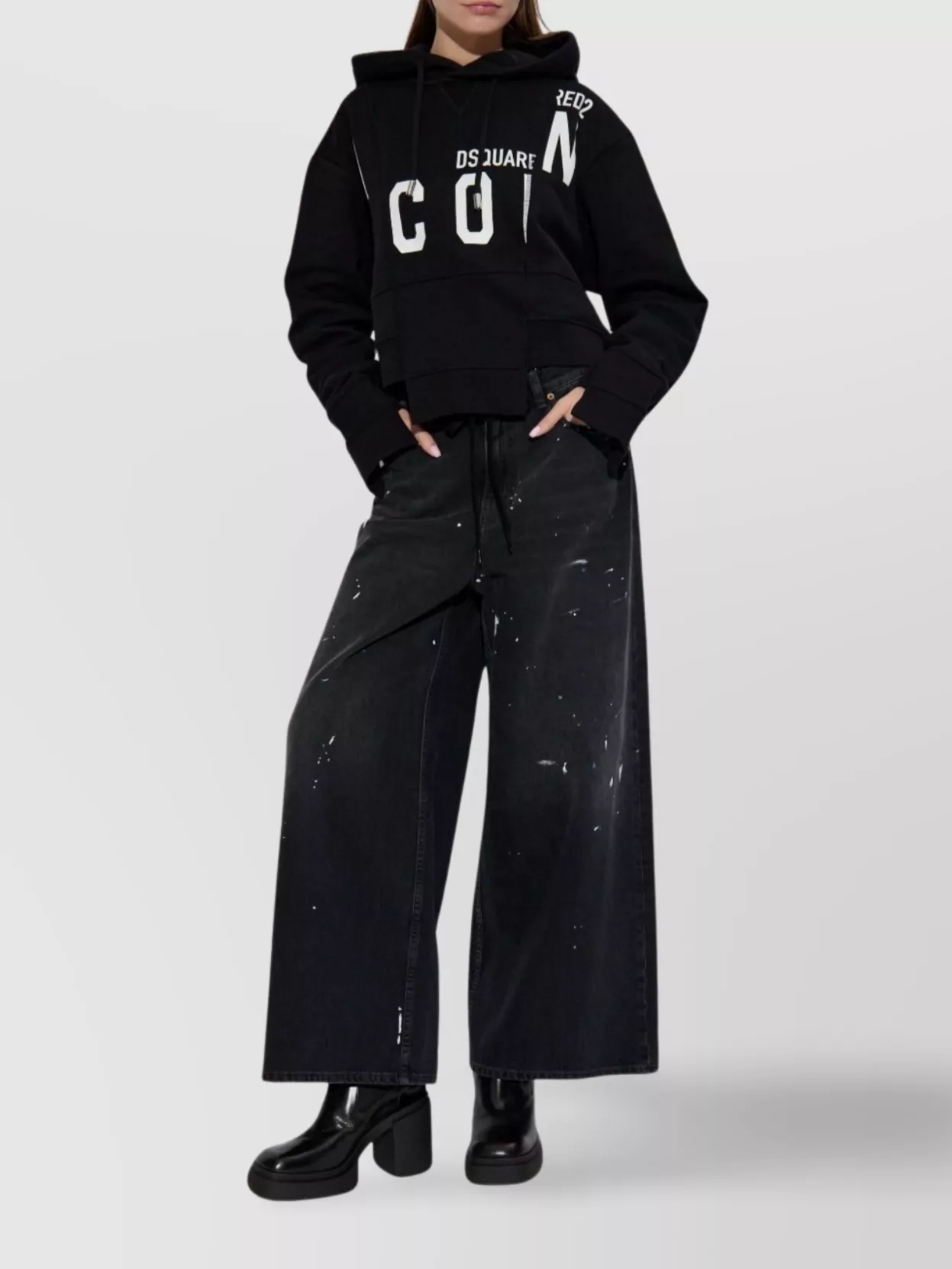 Dsquared2 Asymmetric Hem Cropped Hoodie Drawstring