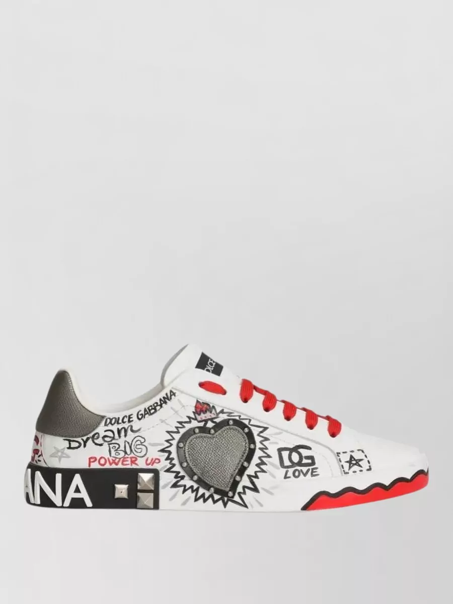 Dolce&Gabbana Leather Graffiti-Print Heart-Patch Low-Top Sneakers