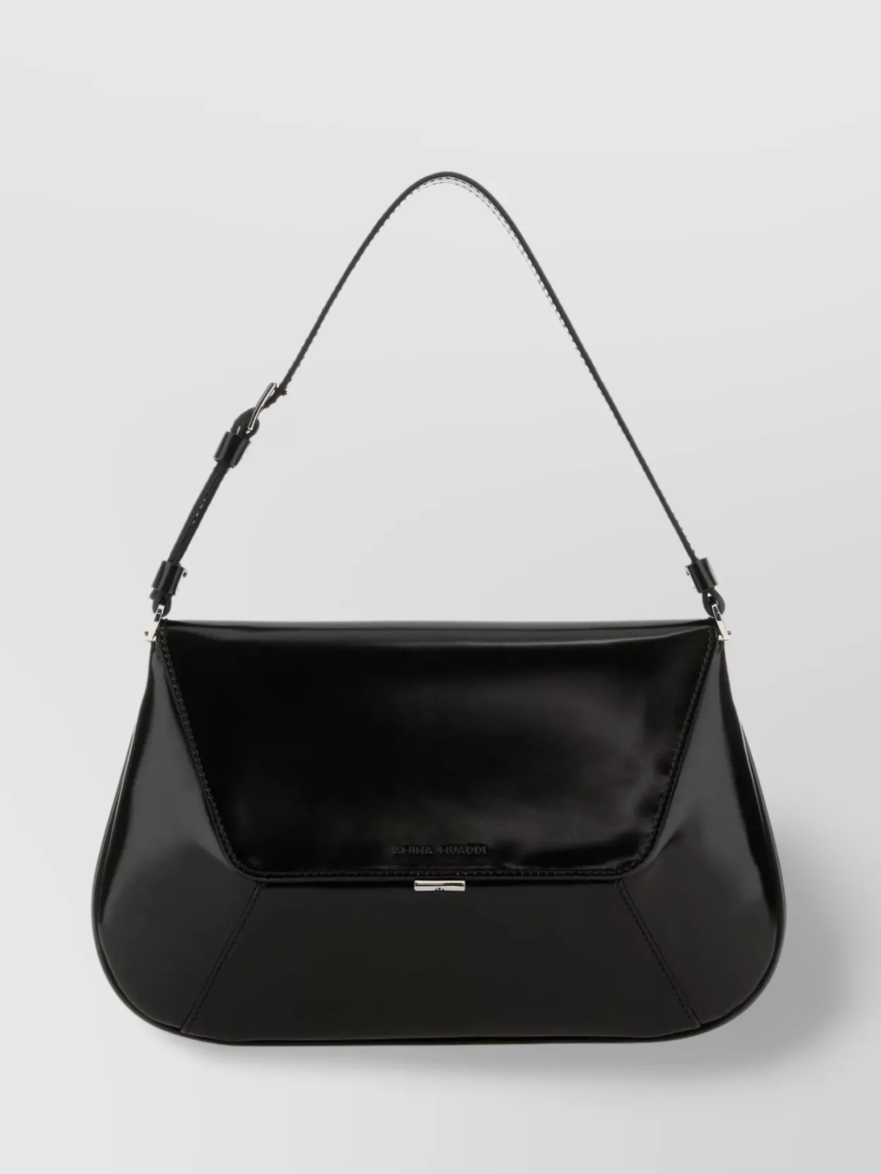 Shop Amina Muaddi Leather Shoulder Bag With Curved Base And Chain Strap In Black