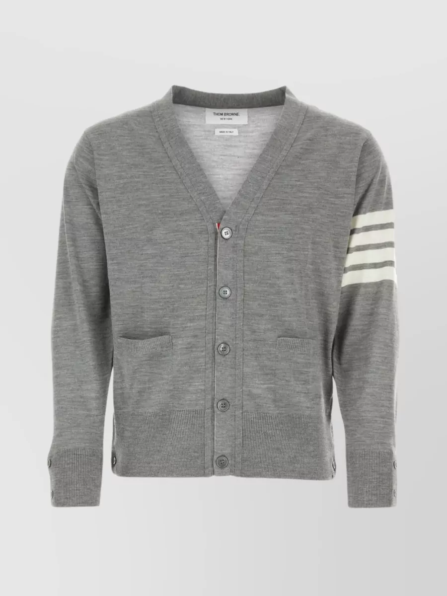 Shop Thom Browne Embroidered Sleeve Wool Cardigan In Grey