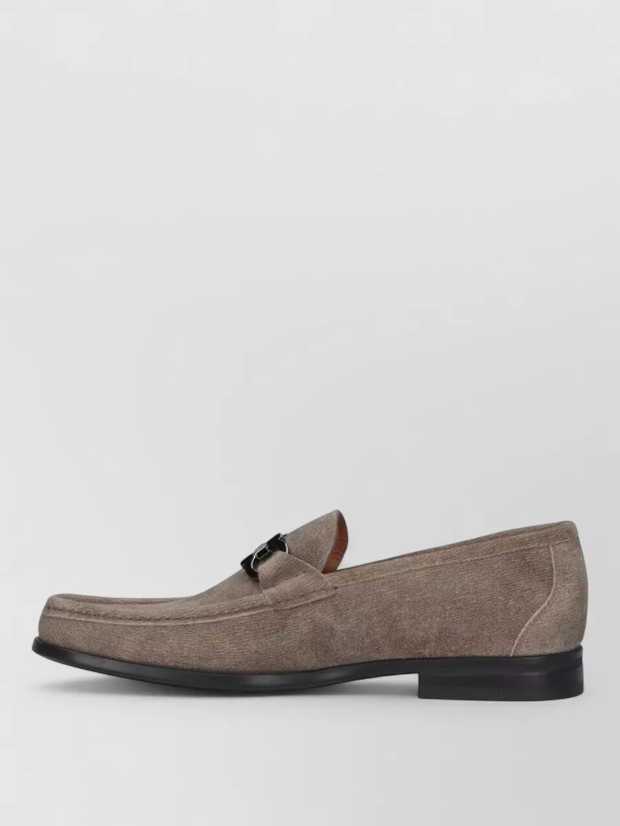 Ferragamo Loafers Round Toe Suede Metallic Buckle