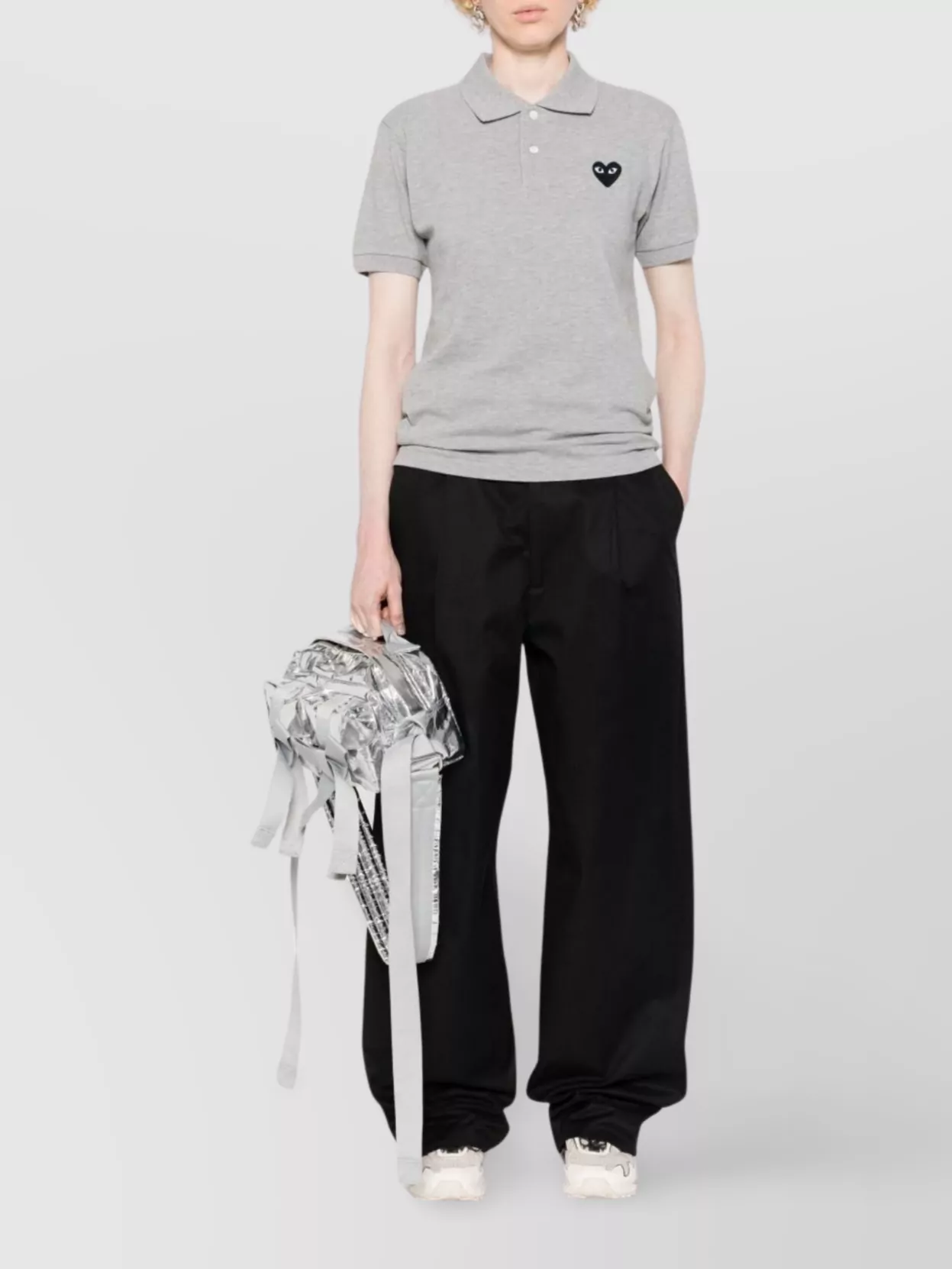 Comme Des Garçons Play Polo Top With Short Sleeves And Ribbed Cuffs In Gray