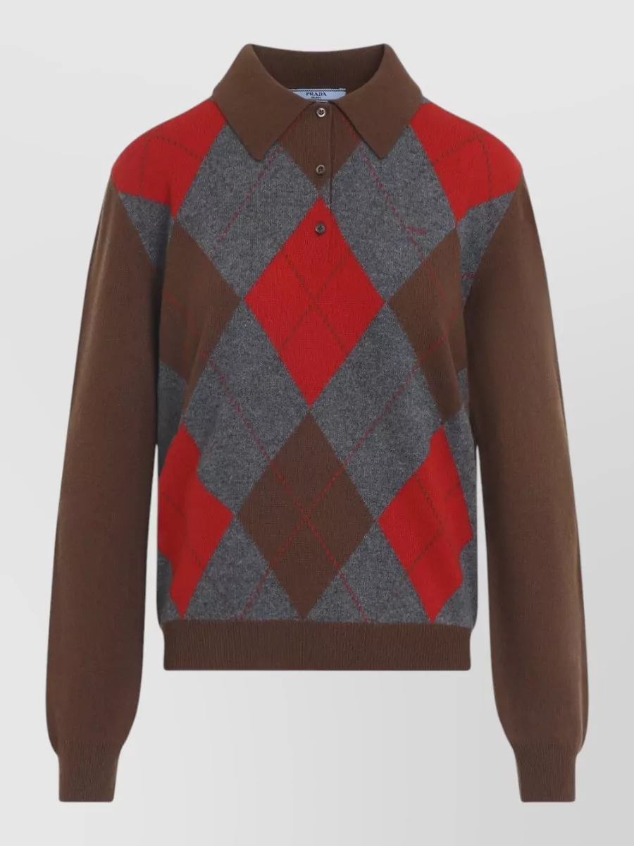 Prada cashmere fine-knit argyle polo sweater