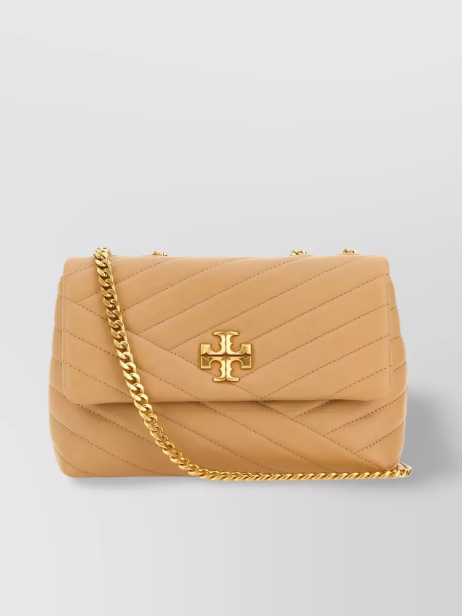 Shop Tory Burch Compact Kira Shoulder Bag In Soft Leather In Beige