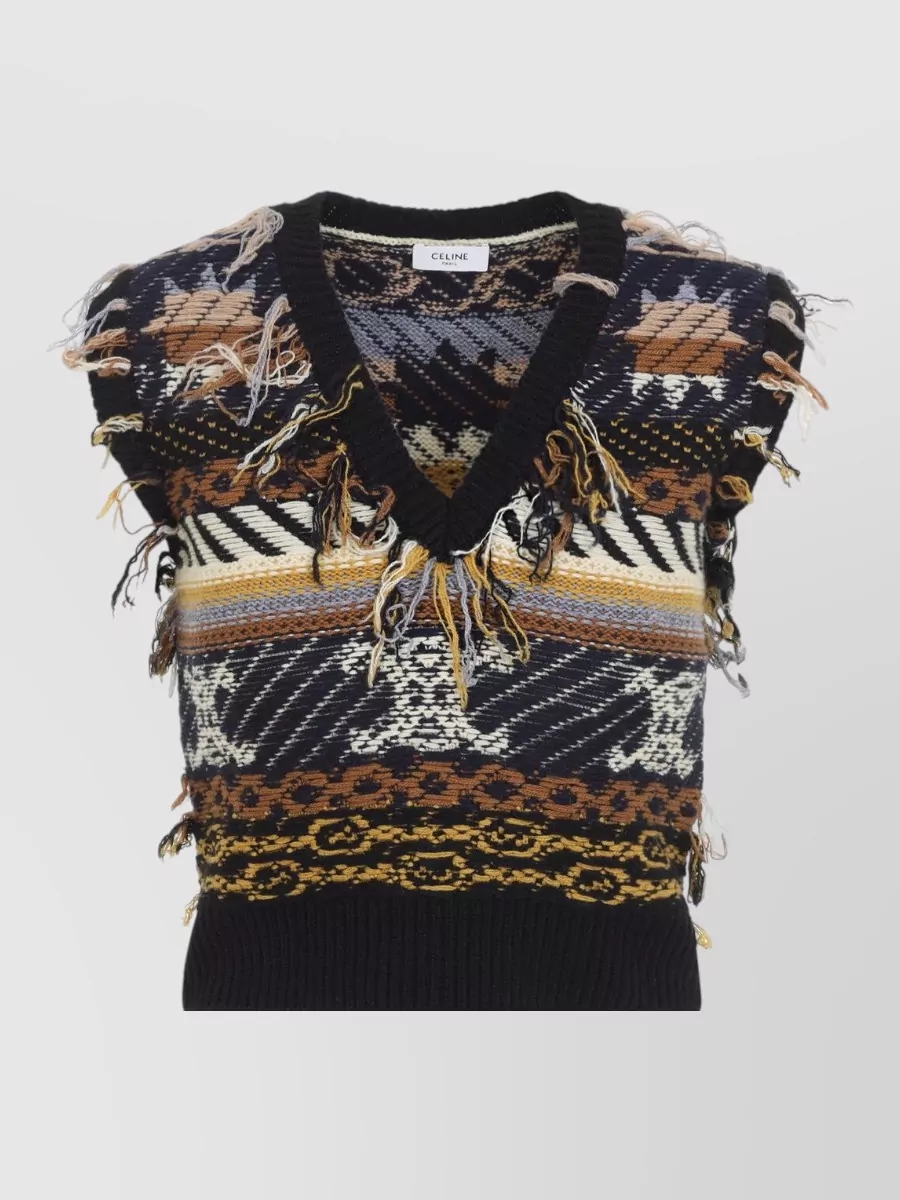 Celine Knitwear V Neck Sleeveless Fringe Ribbed Hem