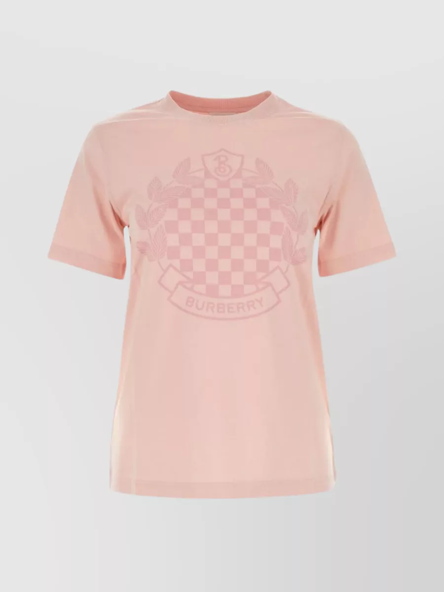 Shop Burberry Chequered Crest Cotton T-shirt With Ribbed Neckline And Short Sleeves In Pastel