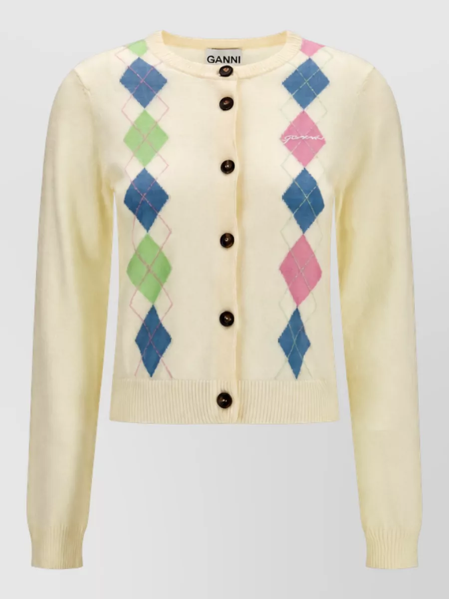 Ganni cotton diamond-pattern ribbed cardigan