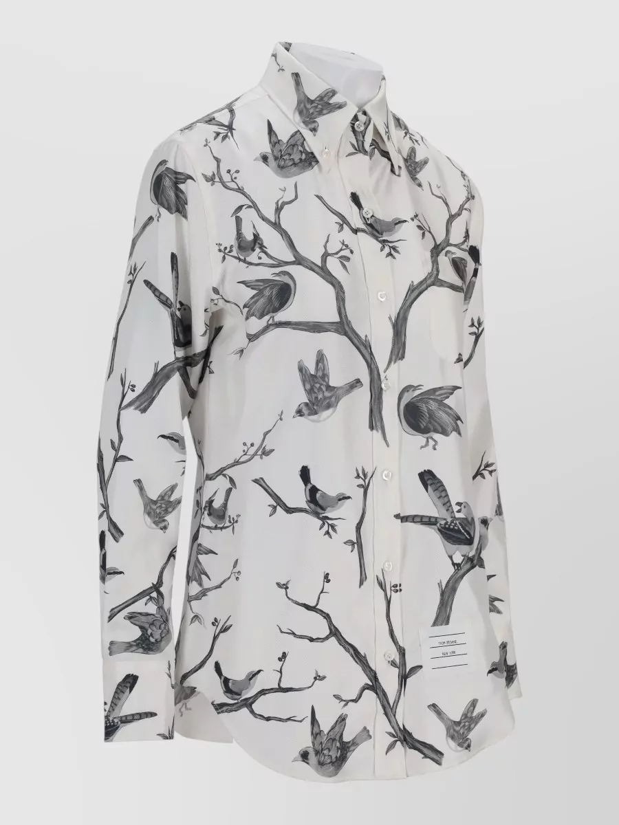 Thom Browne Long Sleeve Bird Print Point Collar Shirt