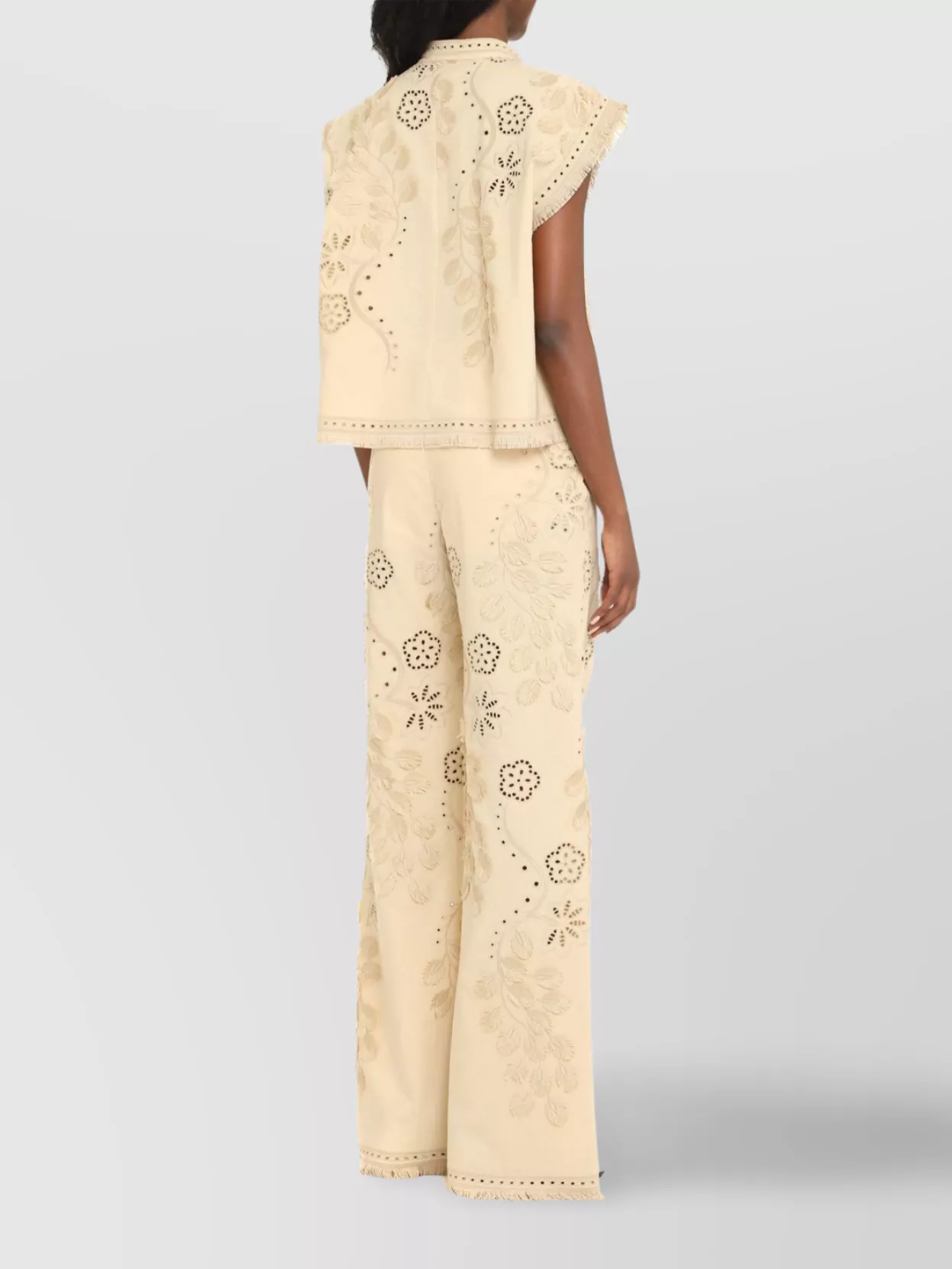 Alberta Ferretti Cotton Trousers Embroidered Frayed Hem In Neutral