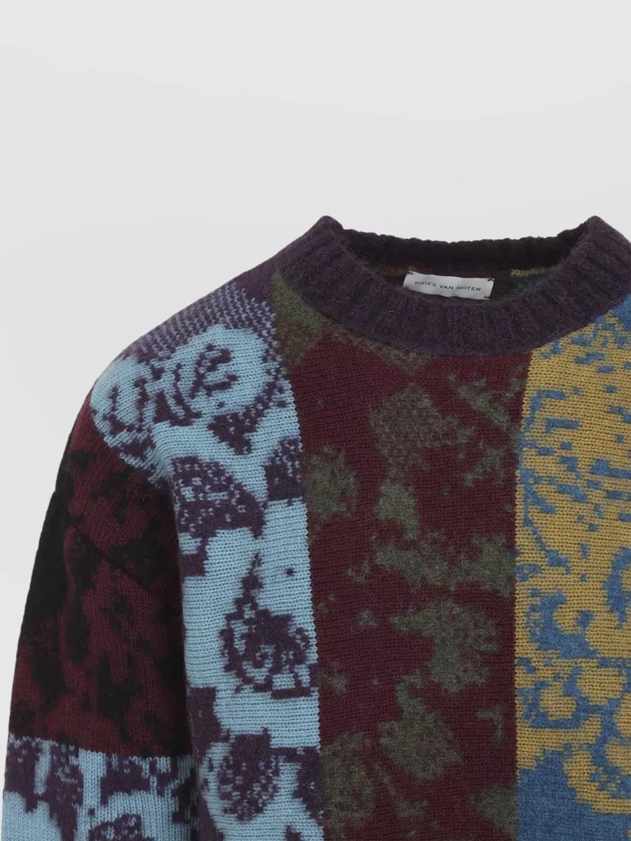 Dries Van Noten Wool Alpaca Patchwork Jacquard Oversized Crewneck Sweater