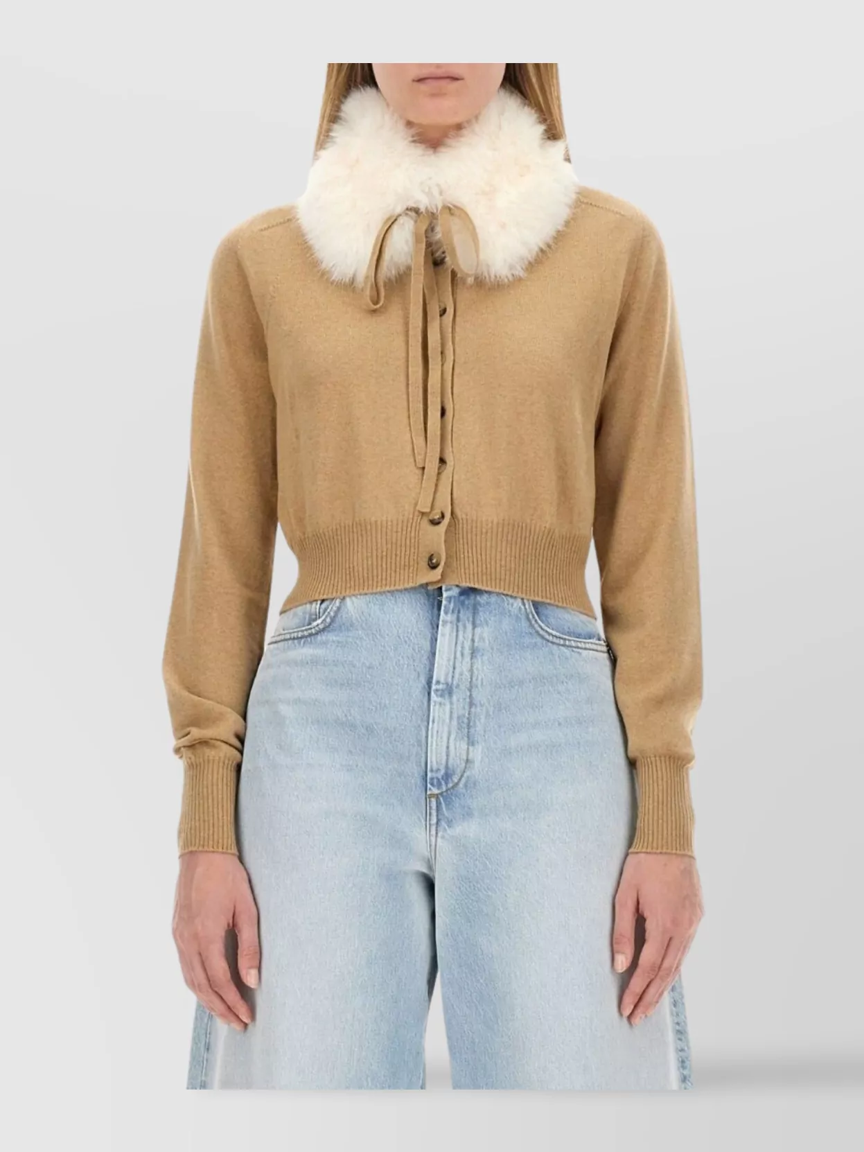 Sportmax Cropped Knit Shirt With Faux Fur Collar In Brown