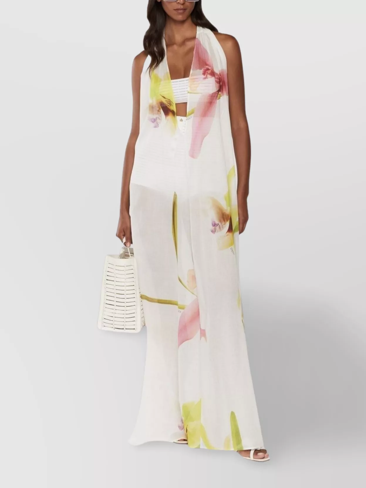 Genny Cotton Halter Neck Floral Print Dress In White