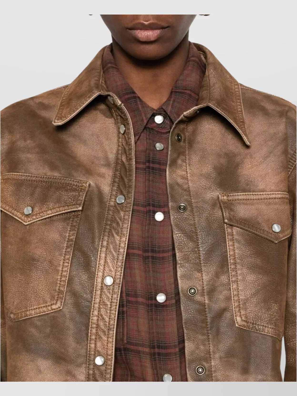Isabel Marant Étoile Faux Leather Long Sleeve Shirt With Pockets In Brown