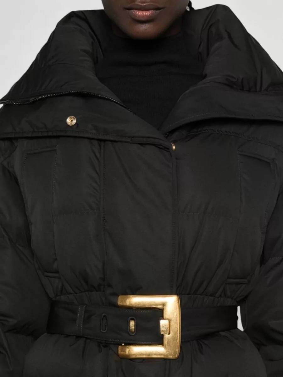 Balmain Quilted Hooded Coat Belt Waist Hardware In Black