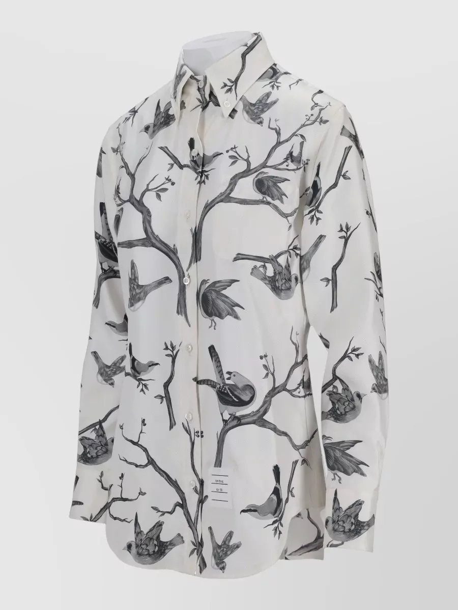 Thom Browne Long Sleeve Bird Print Point Collar Shirt