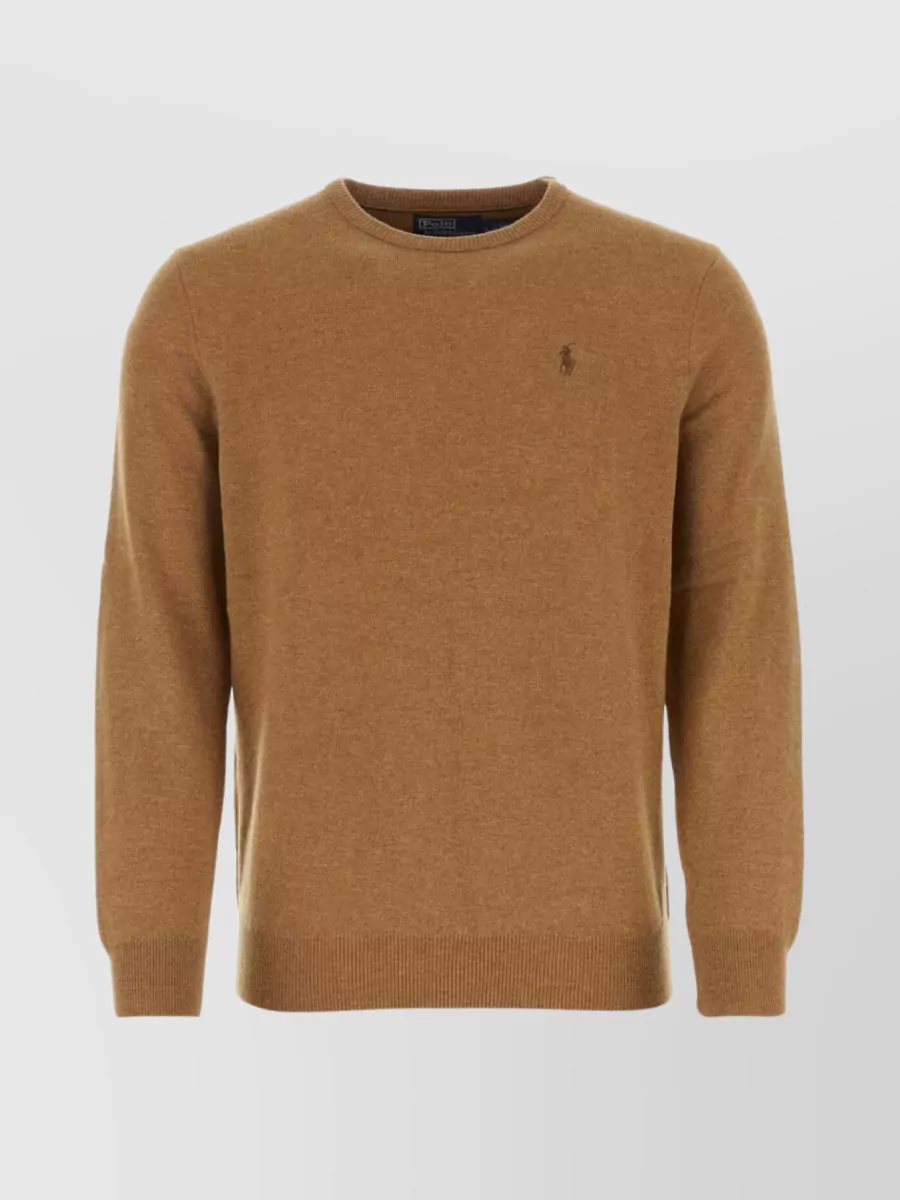 Shop Polo Ralph Lauren Wool Ribbed Crewneck Sweater With Hem And Cuffs In Brown