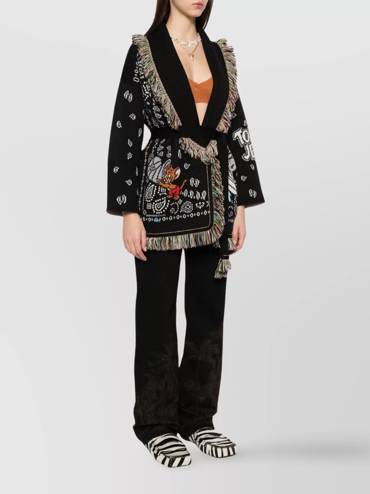 Alanui Fringed Belted Double Jacquard Cardigan In Black