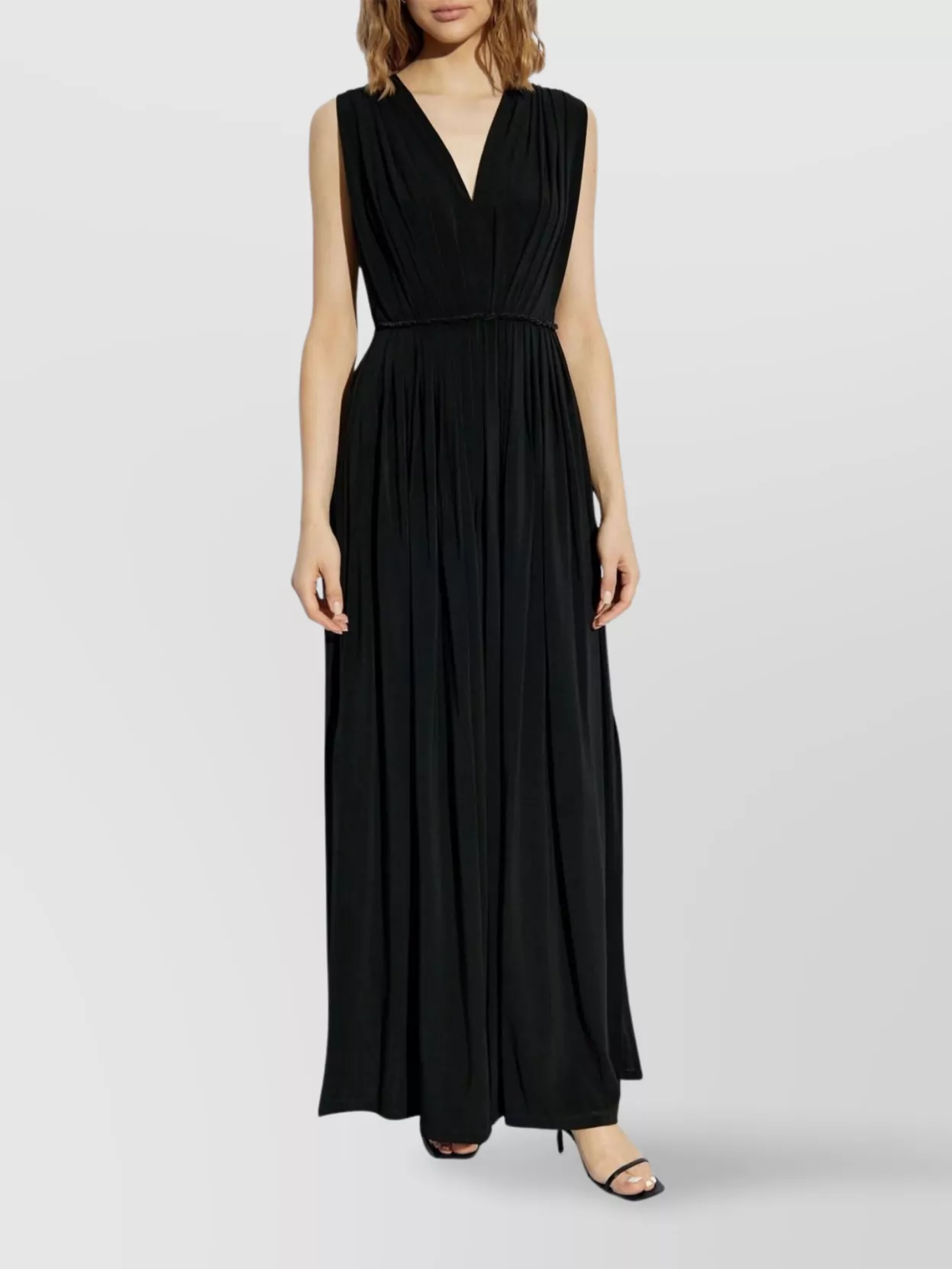 Max Mara Long Dress With Ruched Sleeves And V-Neck