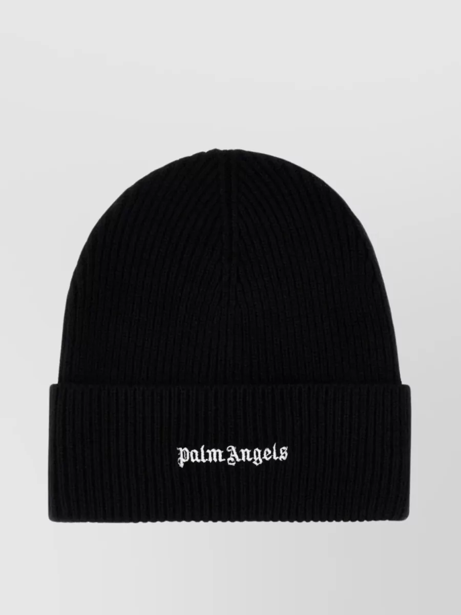 Shop Palm Angels Logo Ribbed Knit Beanie In Black