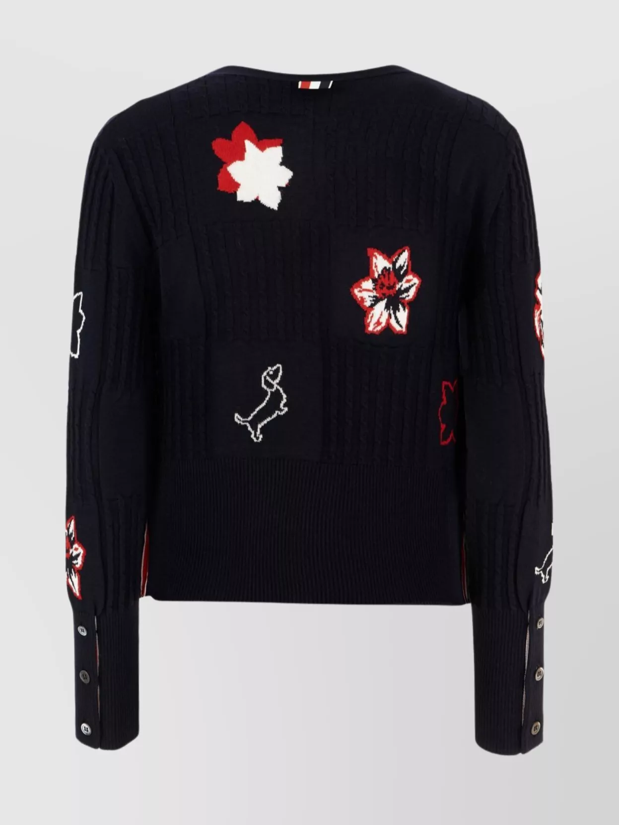 Thom Browne Wool Cardigan With Embroidered Flowers And Pockets In Black