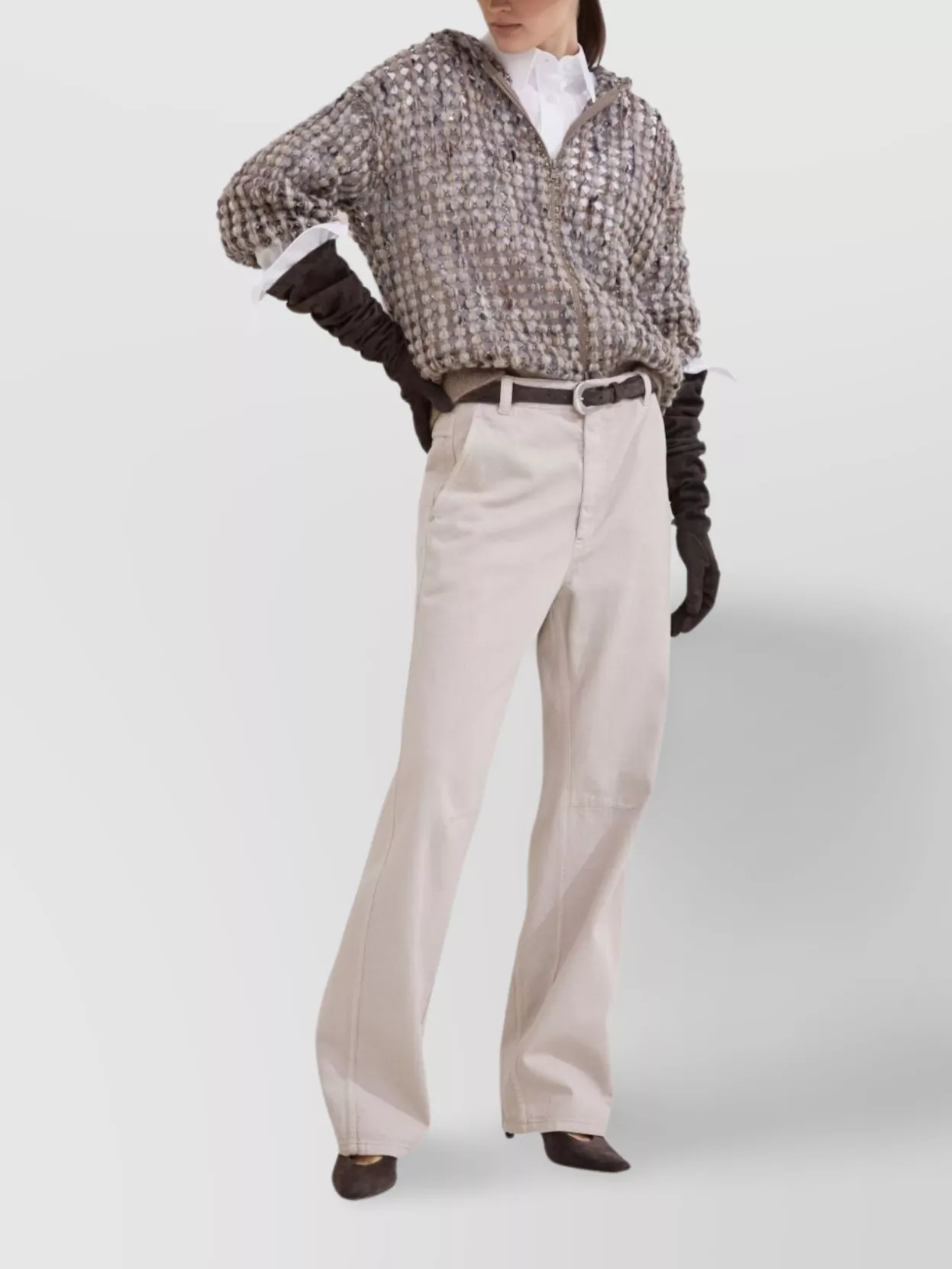 Brunello Cucinelli Pailette Wool-cashmere Net Balloon-sleeve Zip Hoodie In Neutral