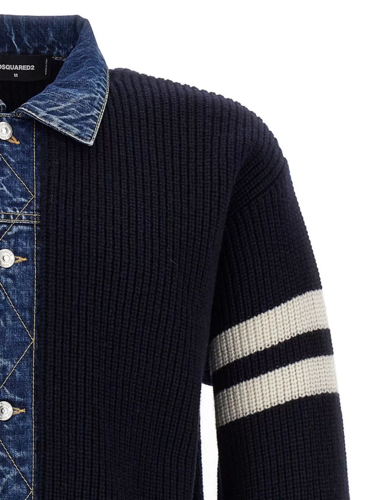 Dsquared2 Blue Cardigan With Denim Panels And Striped Details On The Sleeve In Wool And Cashmere Man