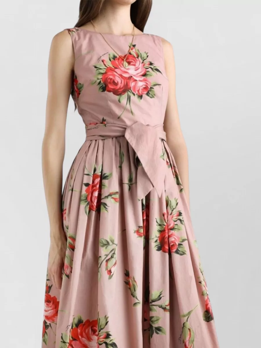 Dolce&Gabbana Rose Bouquet Print Belted Midi Dress