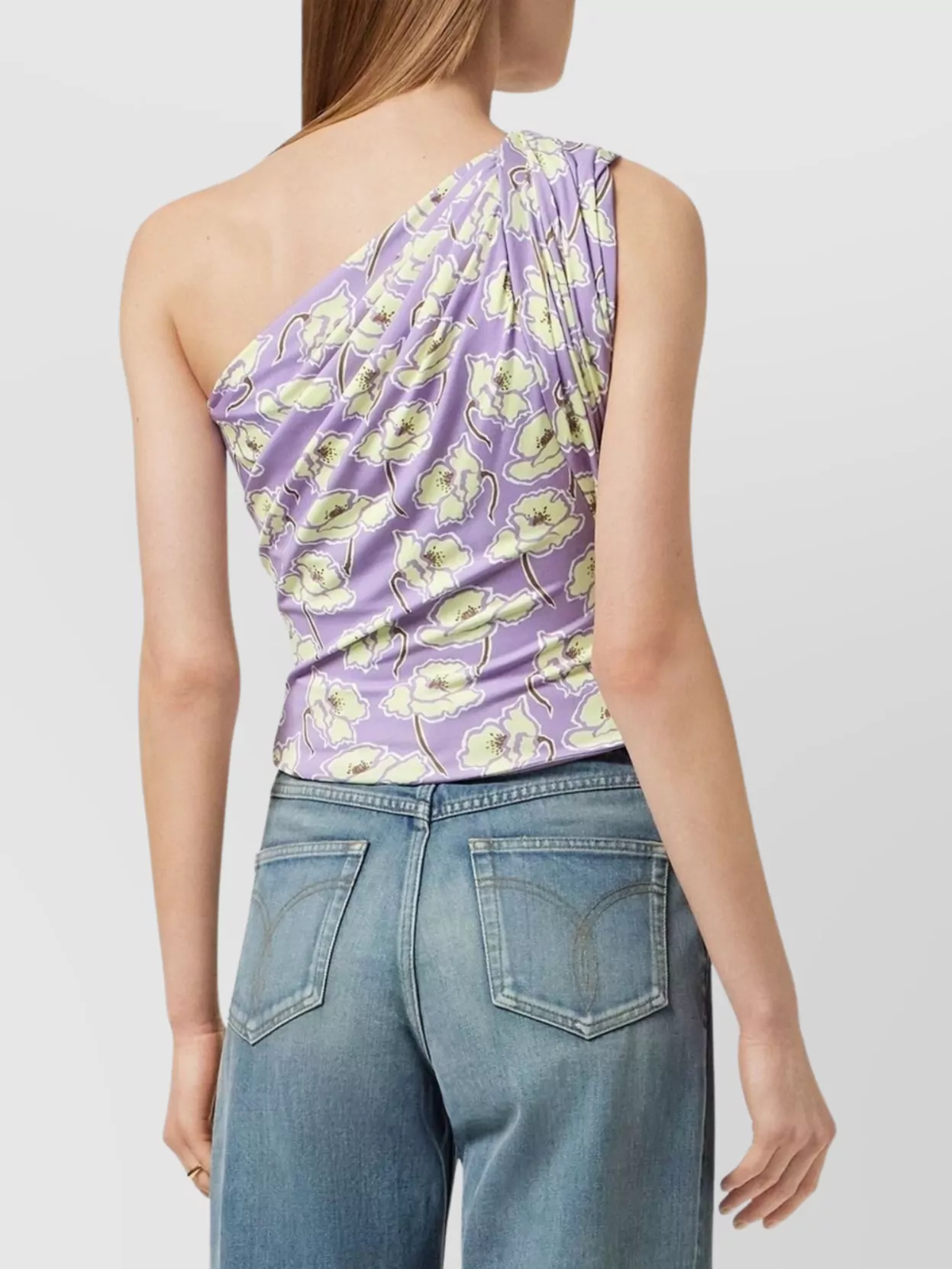 Versace One-shoulder Floral Print Top In Purple