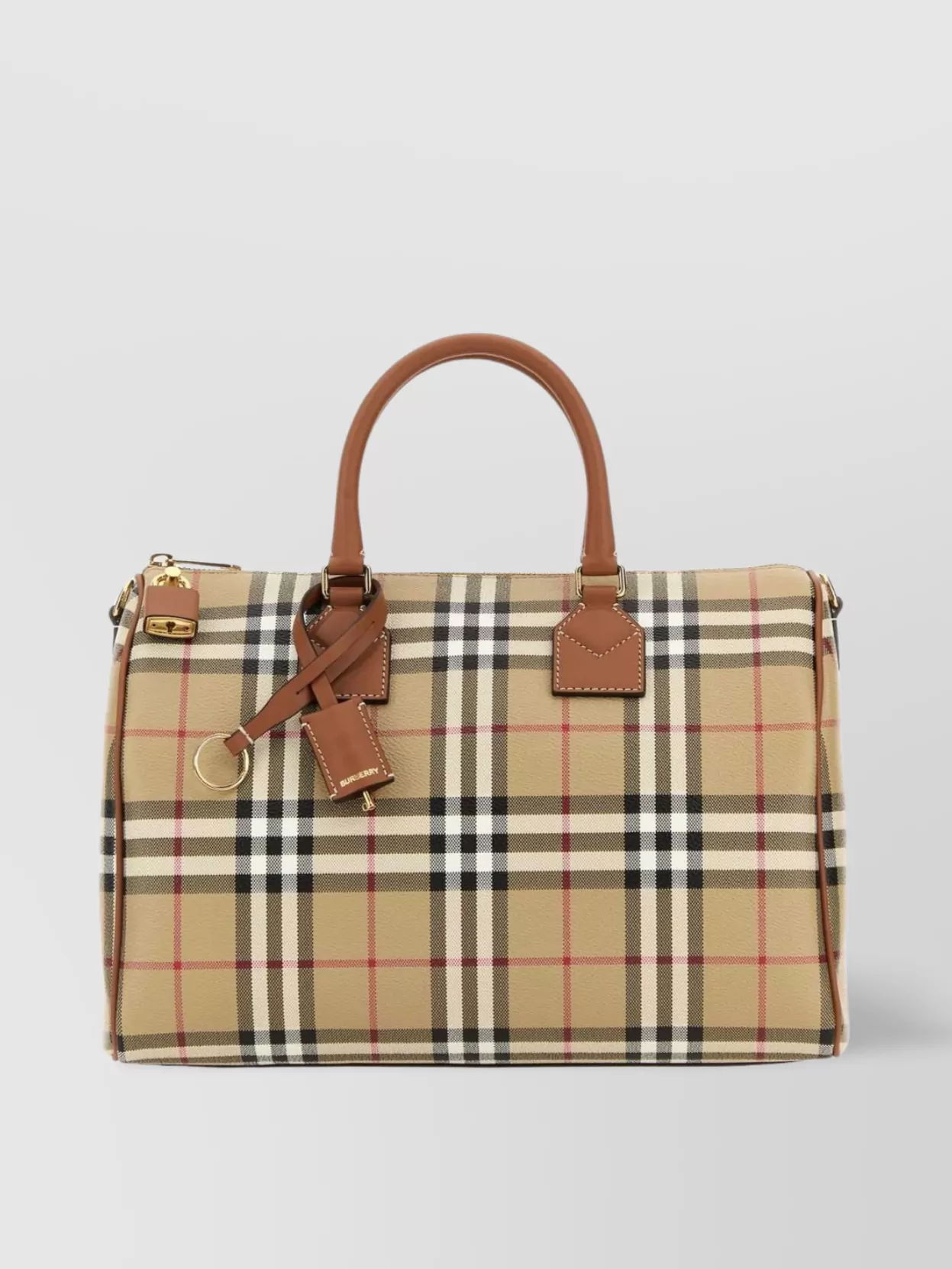 Shop Burberry Checkered Canvas Medium Handbag With Leather Trim