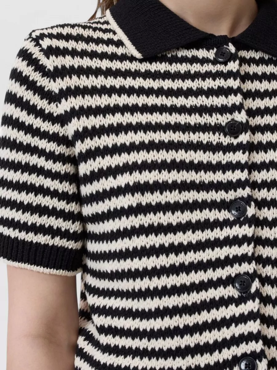 Closed Striped Cotton Short-Sleeve Knitted Cardigan