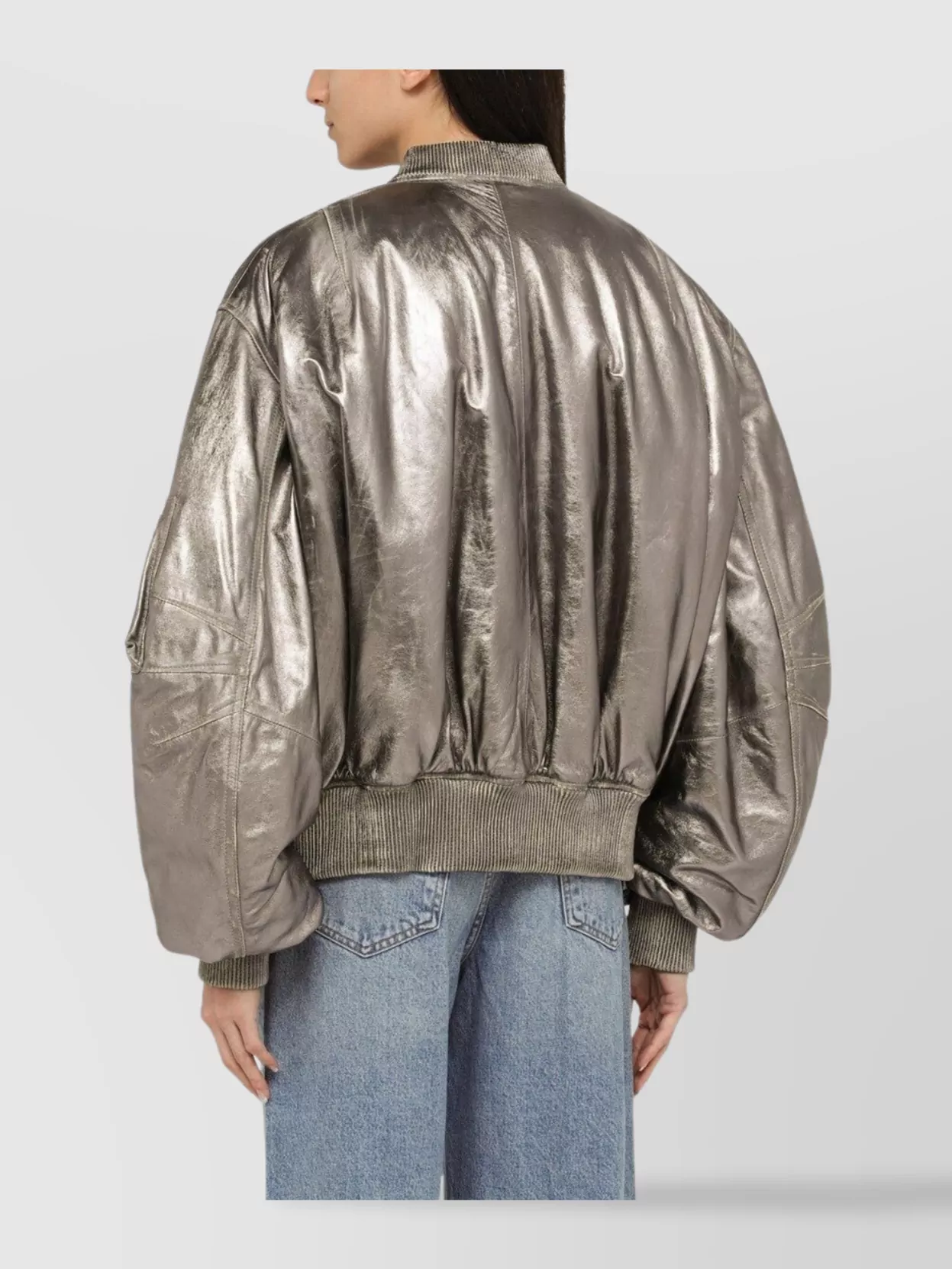 Attico Silver Leather Bomber Jacket With Metallic Finish In Neutral