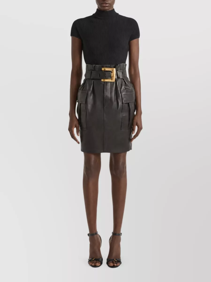 Balmain Leather High-Rise Belted Knee-Length Fitted Skirt
