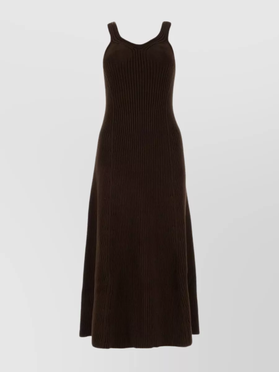 Shop Jil Sander Cotton Blend Ribbed Dress With Round Neckline In Brown